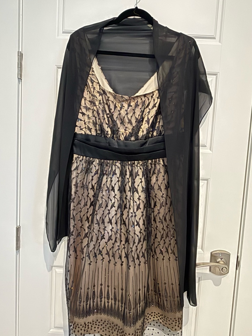 Onyx Black and Cream Beaded Prom Dress with Sheer Shawl